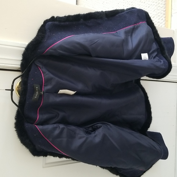Talbots Navy Wool Blend Faux Fur Trimmed Jacket NWT size 12 - Picture 6 of 12